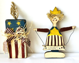 July 4 Lady Liberty &amp; Firecracker Primitive Hand Painted Wood Figurines ... - £26.62 GBP