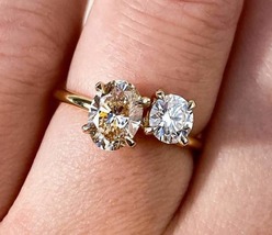 Yellow Oval &amp; Round Cut Moissanite Ring Toi Et Moi Oval Cut Double Diamond Ring - £120.99 GBP