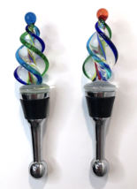 Art Glass Wine Bottle Stopper Hand Blown Rainbow Metal Barware Decor Cork (Pair) - £16.06 GBP