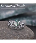 Kite cut Green Moss Agate Engagement Ring, Vintage Sterling Silver Ring ... - $115.00