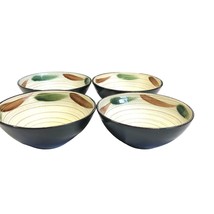 4 Small Pottery Bowls Black Outside Textured Swirl Leaves Glazed Inside ... - £20.67 GBP