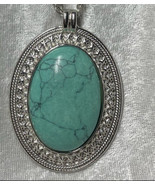 Rhinestone Surrounded Oval Turquoise Gemstone 18 inch Silver Necklace - $49.50