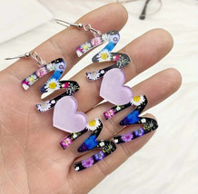 Mom Earrings Dangle Floral Acrylic Hearts - $12.86