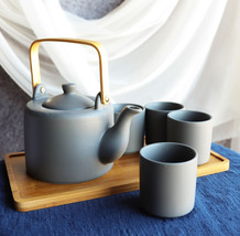 Matte Black Modern Ceramic 28oz Tea Pot With 4 Cups And Bamboo Serving Tray Set - £30.25 GBP