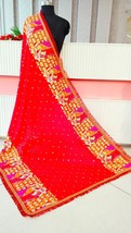 Bridal Red Dupatta Silk Chiffon with heavy embroidery, lace &amp; mirrors Chunni BD7 - £29.54 GBP