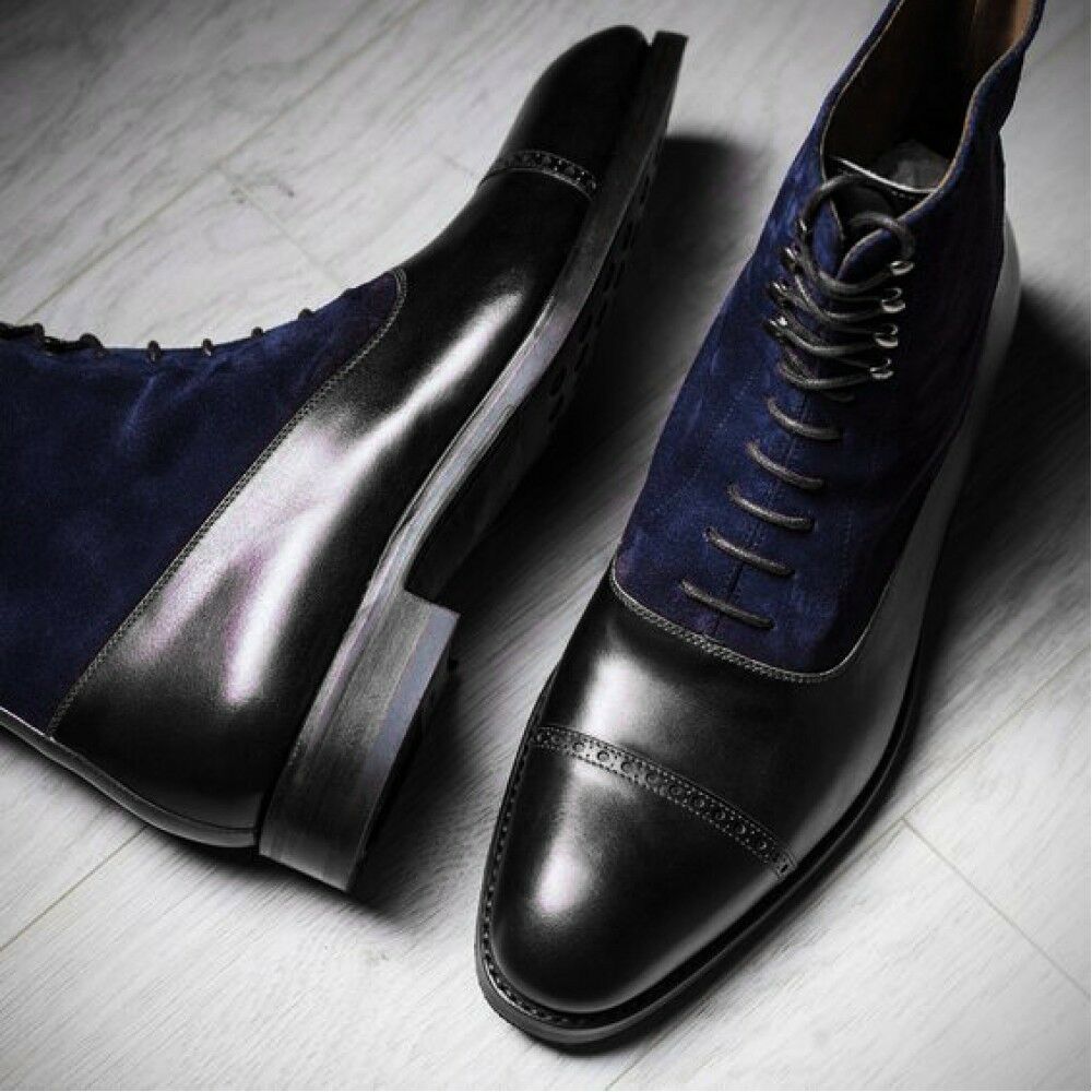 Two Tone Black High Ankle Navy Blue Suede Cap Toe Leather Lace Up Boots US 7-16