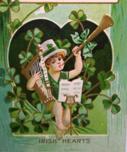St Patrick&#39;s Day Postcard Irish Hearts Boy Blows Trumpet Clover Heart Unused - £16.43 GBP