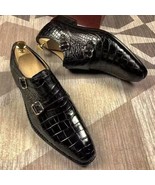 Handmade Men&#39;s Cowhide Black  Leather Crocodile Embossed Double Monk Dre... - $3,080.09 MXN+