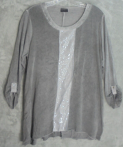 Laura Torelli Button Shirt Womens Top size 38/40 L XL Gray 3/4 Sleeves Bling - £7.08 GBP