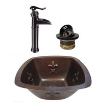 15&quot; Square Copper Kitchen Bar Sink with Fleur De Lis Design (COMBO) - $349.95