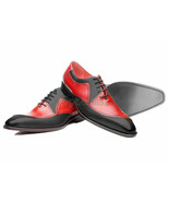 Handmade Men&#39;s Leather Oxfords Red Black Oxford classical Wing Tip Shoes... - £148.51 GBP