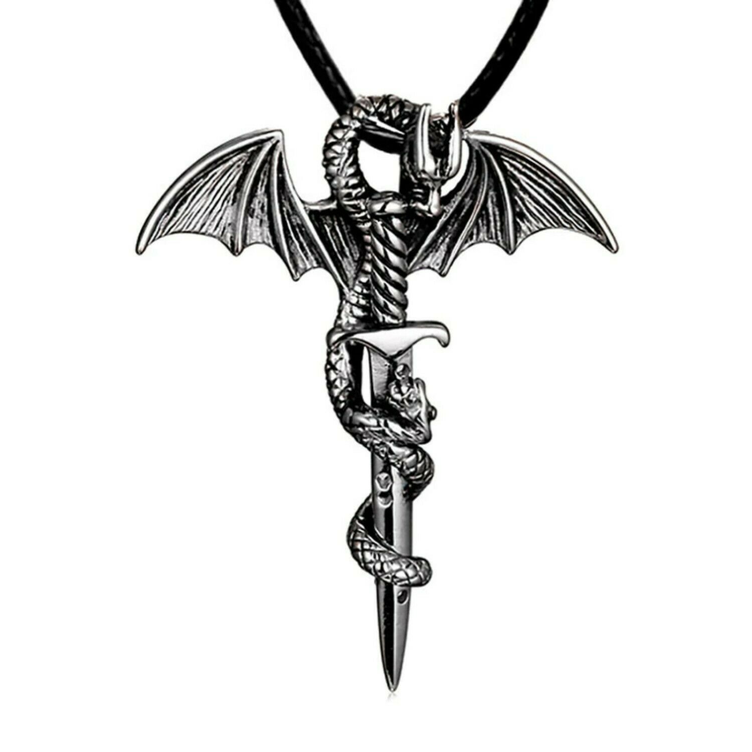 Stainless Steel Dragon Sword Wing Necklace Men Boys Punk Vintage Rolo Chain Pend - £20.44 GBP