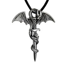 Stainless Steel Dragon Sword Wing Necklace Men Boys Punk Vintage Rolo Chain Pend - £20.49 GBP