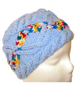 Child&#39;s blue hand knit hat with multi-color cable - $22.00