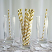 25 Pcs 8&quot;&quot; White And Gold Biodegradable Striped Paper Straws Wedding Party Craft - £4.34 GBP