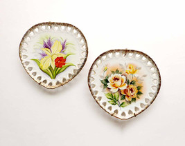 Set of 2 Enesco Flower Garden Porcelain 1950s Heart Shaped Cut Out Porcelain Wal - £27.91 GBP