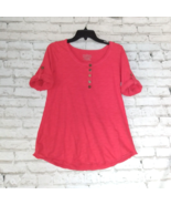 Neon Buddha Top Womens Medium Pink Roll Tab Short Sleeve Henley  - $24.99