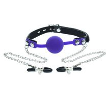 PURPLE SILICONE GAG BALL WITH NIPPLE CLAMPS - $19.99