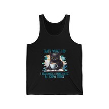 black cat drinks coffee and knows things funny Unisex Jersey Tank humor - $21.91+