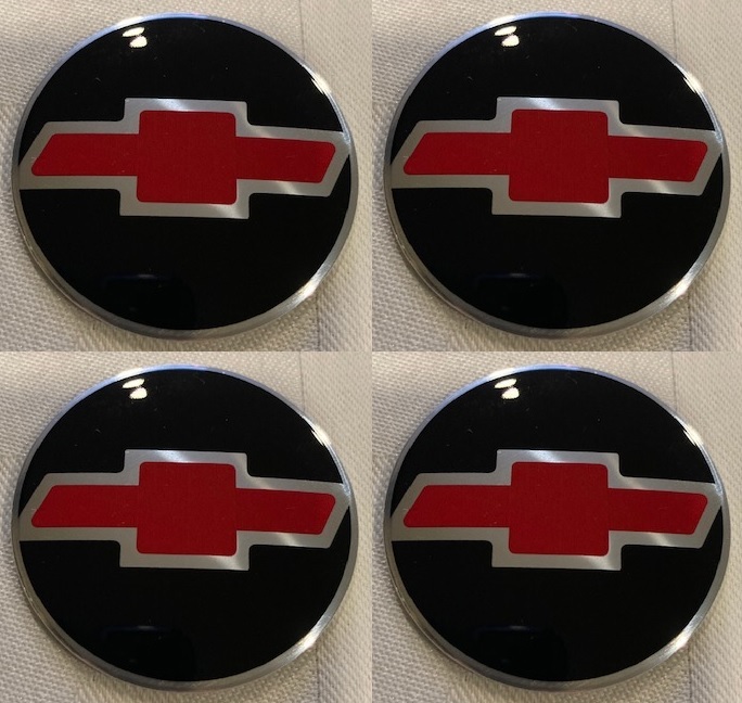 85mm (3.34in) -Set of 4x Metal stickers car wheel center cap DOMED CHEVROLET red