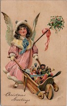 Christmas Child Angel Pink Robe Wheelbarrow Full of Toys Monkey Doll Postcard Z1 - £4.76 GBP