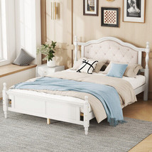 Queen Pine Wood Bed with Upholstered Headboard &amp; Panel Footboard, White - £197.22 GBP