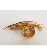 Gold Tone Brooch Pin, Textured Leaf Curls &amp; Faux Pearl, Fashion Jewelry,... - $9.75