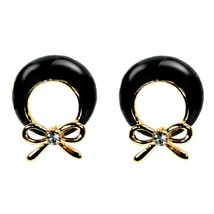 Black Bow Earrings Gold Plate Gloss Enamel Rhinestone Accents Post High Quality - £6.33 GBP