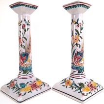 Portuguese Candle Holders Vintage Hand Painted Ceramic Set of 2 Multicolor 9.75&quot; - £48.59 GBP