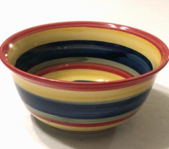$8 Swirl Rainbow Hand Painted Ceramic Cereal Striped Yellow Blue Red Sou... - $9.32