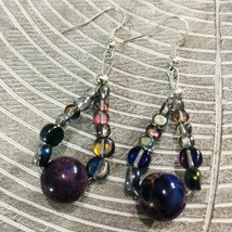 Purple Bead Iridescent  Drop Dangle Earrings Surgical Steel Ear Wire   - £15.97 GBP