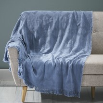 Isabel Contemporary Cotton Throw Blanket With Fringes, Aqua - £49.34 GBP