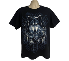 Wolves Native American Dream Catcher Mens Black Graphic T-Shirt Large Cotton - £15.81 GBP