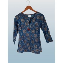 FABINDIA Printed Cotton Collared Tunic Peasant Boho Blouse Blue Size XSmall - $19.79