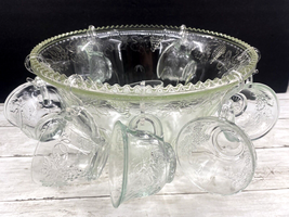 Vintage Mcm Indiana Green Tinted Glass Princess Punch Bowl Set Harvest Grape - £71.21 GBP