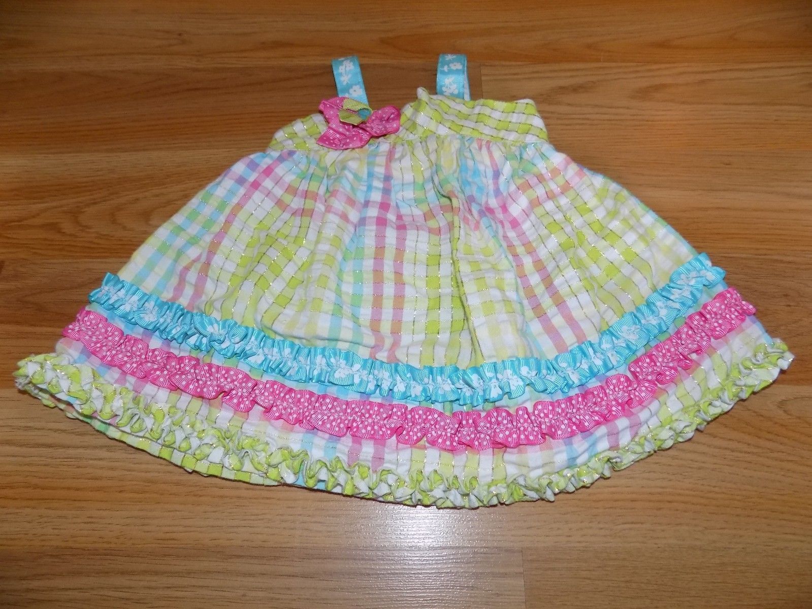 Infant Size 3-6 Months Bonnie Baby Gingham Checked Sundress Sun Dress Lime Pink  - $14.00