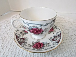 QUEEN ANNE BONE CHINA TEACUP &amp; SAUCER PINK &amp; GREY ROSES ENGLAND - $278.42 MXN