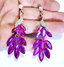 Hot Pink Peacock Earrings, Colorshift Drop Earrings, Rhinestone Chandelier Earri - £31.88 GBP