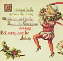 1970s Victorian Christmas Postcard Reproduction Children Dancing Mistletoe Holly - £3.19 GBP