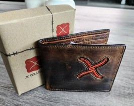 Twisted X Bi Fold Wallet Distressed Brown Leather Embroidered Orange Logo XH239B - £28.13 GBP