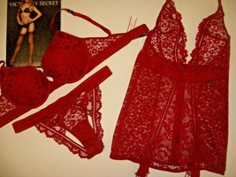 Victoria&#39;s Secret 32D Bra Set+S Panty+Garter Slip Burgundy Wine Red Floral Lace - £109.16 GBP