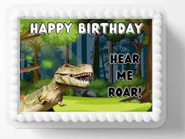 T-Rex Dino Dinosaur Edible Image Kids Party Happy Birthday Edible Image Cake Top - £12.36 GBP