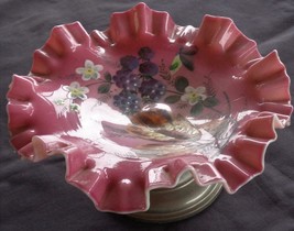 Beautiful Vintage Opaque Glass Footed Dish – Ruffle Rim – Hand Painted Design - £63.28 GBP