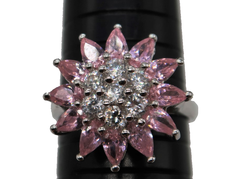 Vintage 925 sterling silver pink &amp; clear rhinestone flower daisy cocktai... - $39.99