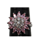 Vintage 925 sterling silver pink &amp; clear rhinestone flower daisy cocktai... - £31.96 GBP