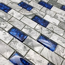 Glass Stone Tile 1x2 Subway Mosaic Polished Gray Royal Blue Backsplash Set of 5 - £69.74 GBP