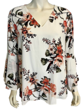 NWT Alfani White, Pink, Brown Floral V Neck 3/4 Flutter Sleeve Top Size 16 - £34.24 GBP
