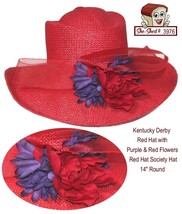 Kentucky Derby Red Hat with Purple &amp; Red Flowers Red Hat Society Hat used - $29.95