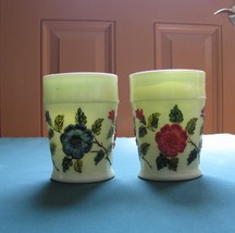 L.G. WRIGHT/Northwood 4&quot; Custard Glass Tumblers w/Hand Painted Flowers - $20.53 CAD