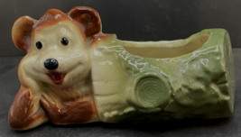 Vintage  American Bisque Pottery HAPPY BEAR in Log Planter  2# - $12.38